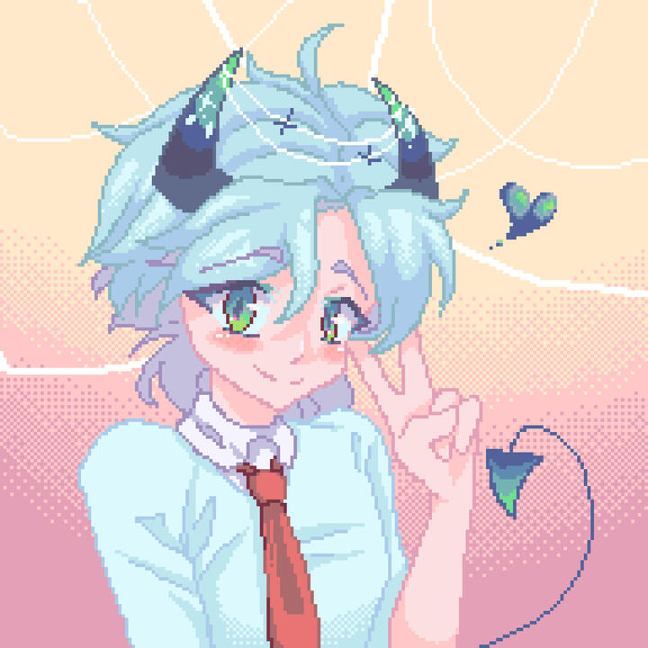 A boy with blue hair, blue-green ombre devil horns and tail, green eyes, a blue shirt and a red tie making a peace sign