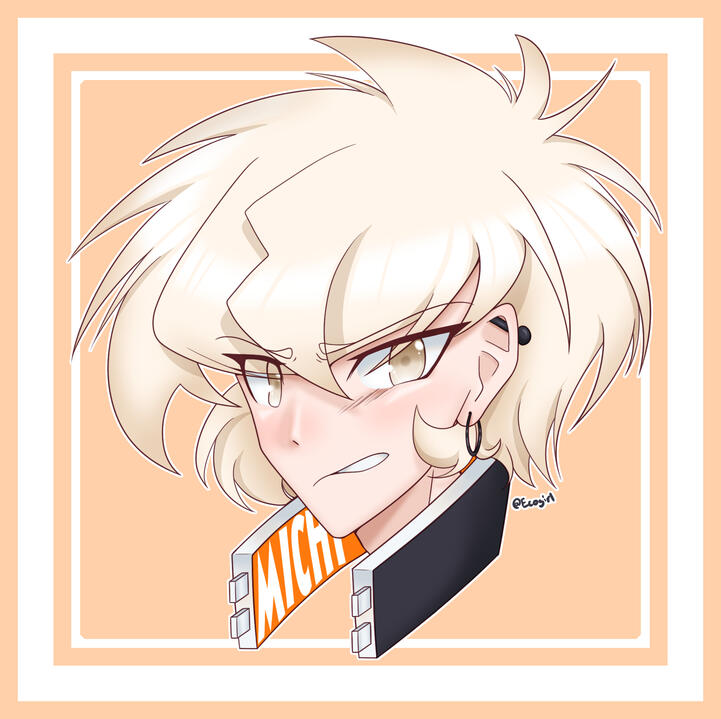 A boy with large, crazy blond hair, black piercings and a black collar looking angerly at the camera.