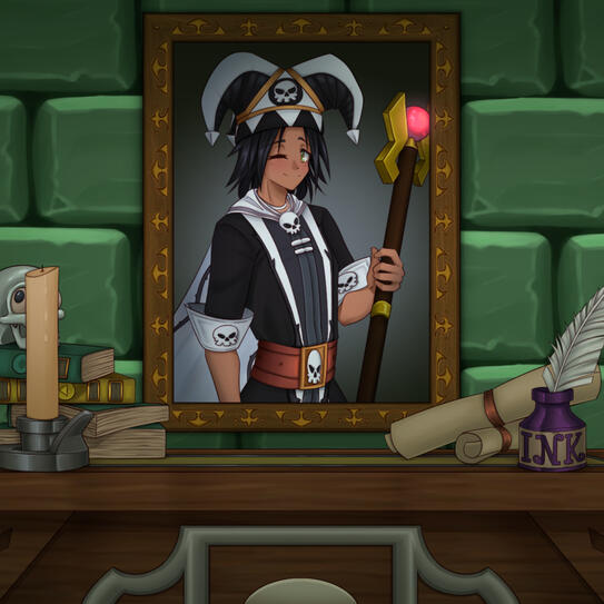 A portrait of Malorn Ashthorn (Wizard101) hanging on a wall of green brick behind a desk. On the desk are books, a candlestick, a skull, some scrolls and an ink and quill.