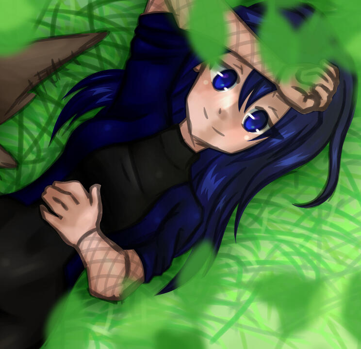 A girl with navy hair, blue eyes, a blue jacket and a black dress laying beneath a tree.
