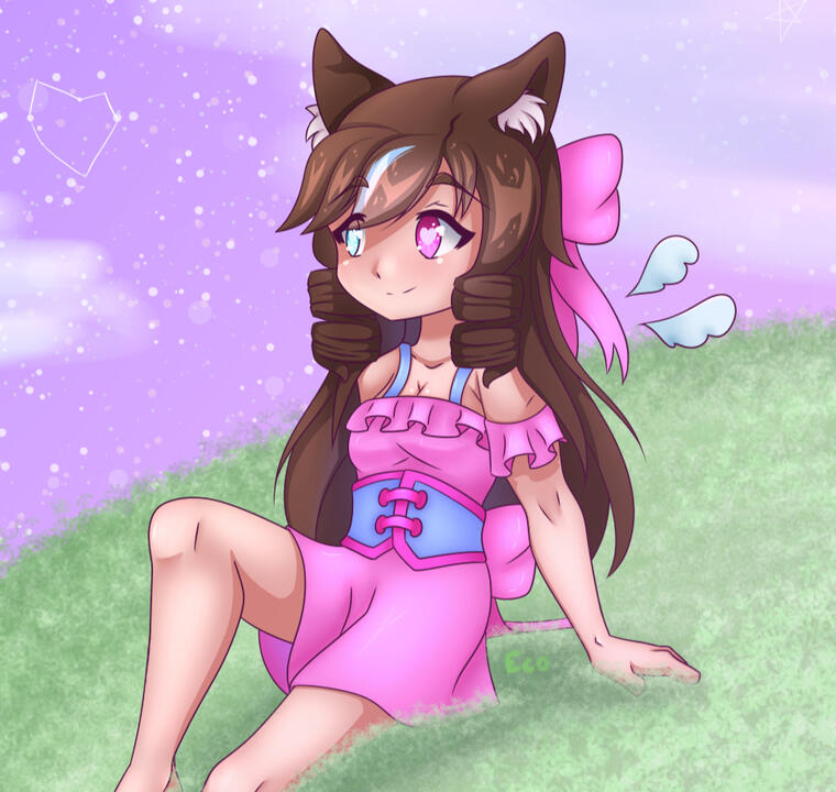 A girl with curly brown hair and cat ears wearing a pink dress and blue corset sitting on a grassy hill.