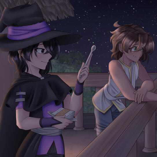 Two boys standing on a balcony at night. The boy on the left, dressed in black and purple, holds a slice of cake and a spoon, while the other, dressed in white and blue, leans on the railing.