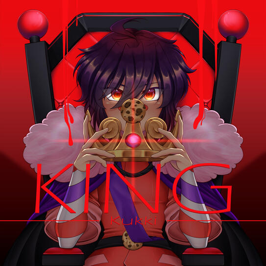 King Kukki A boy sitting on a throne, covering his face with a gold crown. His outfit is candy-themed, and bright red liquid falls from the ceiling. KING Kukki is spelled out in front of him.