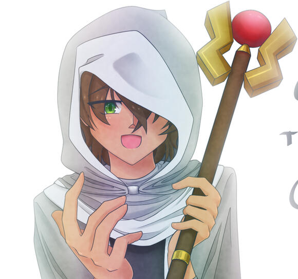 A boy with green eyes and brown hair wearing a white hood and holding a staff reaching out his hand.