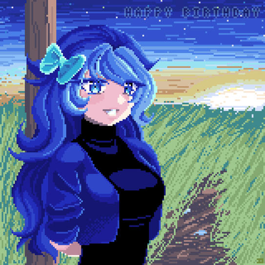 Pixel art of a girl with blue hair, blue eyes, a cropped navy jacket and black turtleneck dress standing against a wooden beam. Behind her, a dirt path cuts through a field of tall grass as the sun sets over the horizon.