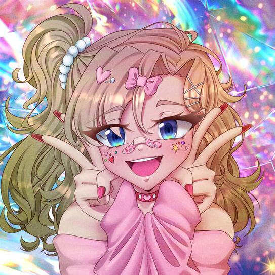 Bingy A girl with blonde hair, blue eyes, a pink sweater and covered in accessories making peace signs against a colorful backdrop.